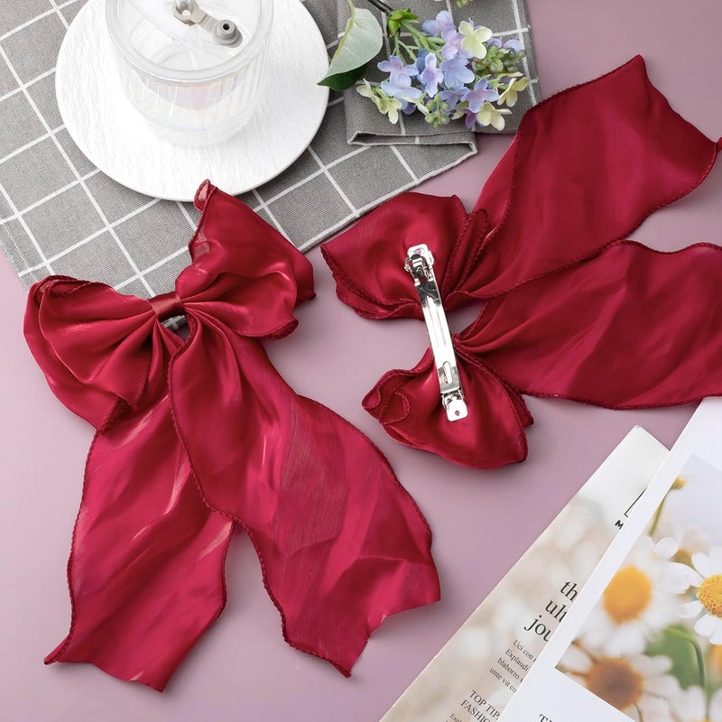STSTR 2Pcs Large Hair Bow Clips, Silk Yarn Ribbon Bow Hair Barrette for Women, Elegant Long Tail Bowknot French Hair Accessories for Wedding, Parties, Festivals (Red) - Image 3